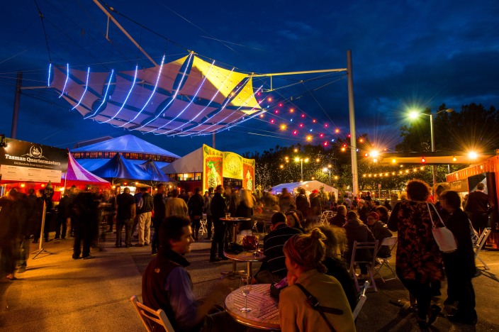 Patrons enjoying fine Tasmanian food and wine at the 2014 Spiegeltent outdoor lounge.